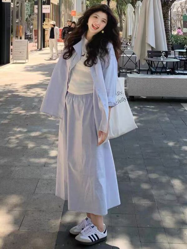 香港スタイルのシックなカジュアルスポーツスーツ女性の夏のシンプルで多用途のストライプ日焼け止めシャツルーズロングスカート 2 点セット|undefined