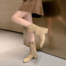 牛皮版~真皮复古绒面皮带扣粗跟短靴女褶皱堆堆靴秋冬显瘦骑士靴