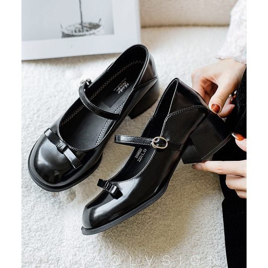 College Style Thick Heel Mary Jane Shoes Women's 2023 Spring New Retro Simple Round Toe High Heel Shallow JK Shoes