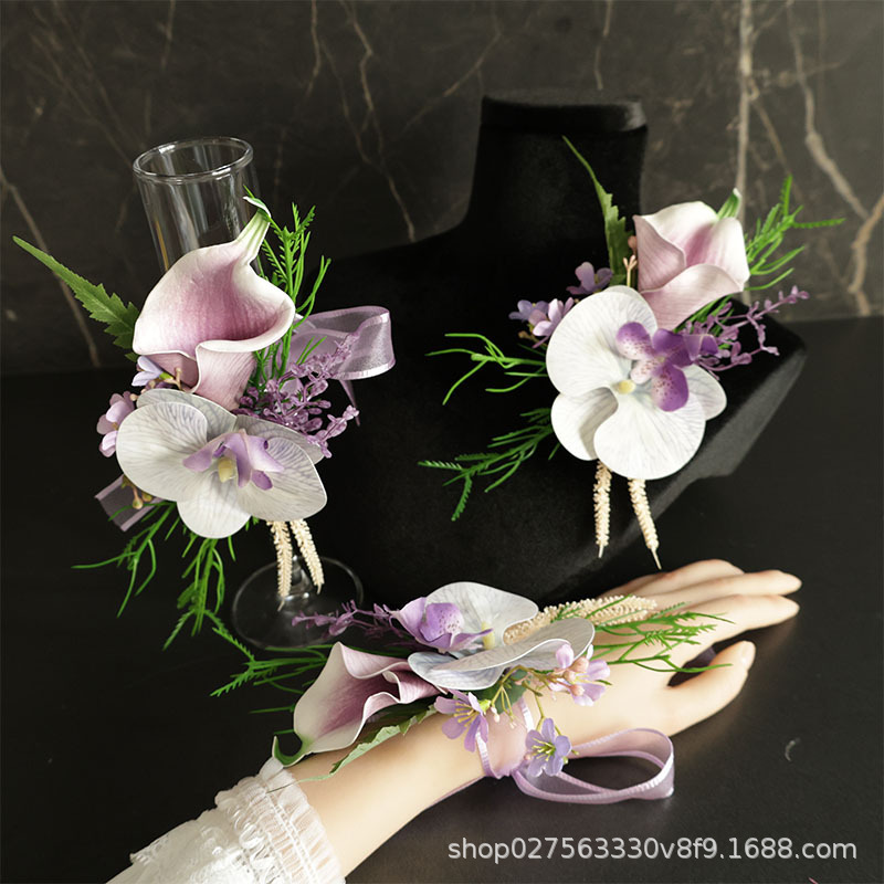 艺雅阁 25021结婚用品嘉宾胸花襟花手花浅紫色马蹄莲蝴蝶兰仿真花|undefined