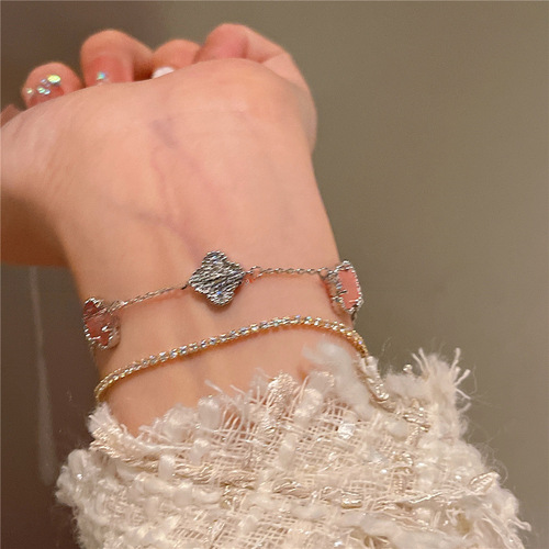 Jojo's New Arrival Sweet Little Flower Bracelet with Sparkling Glitter, Korean Style Ins Wind Sweet Pink Four-Leaf Cord