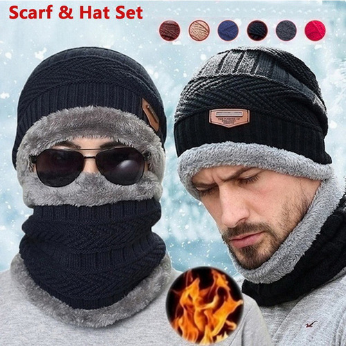 Winter knitted hat set, collar, gloves, three-piece set, warm wool hat, touch screen, anti-slip adult