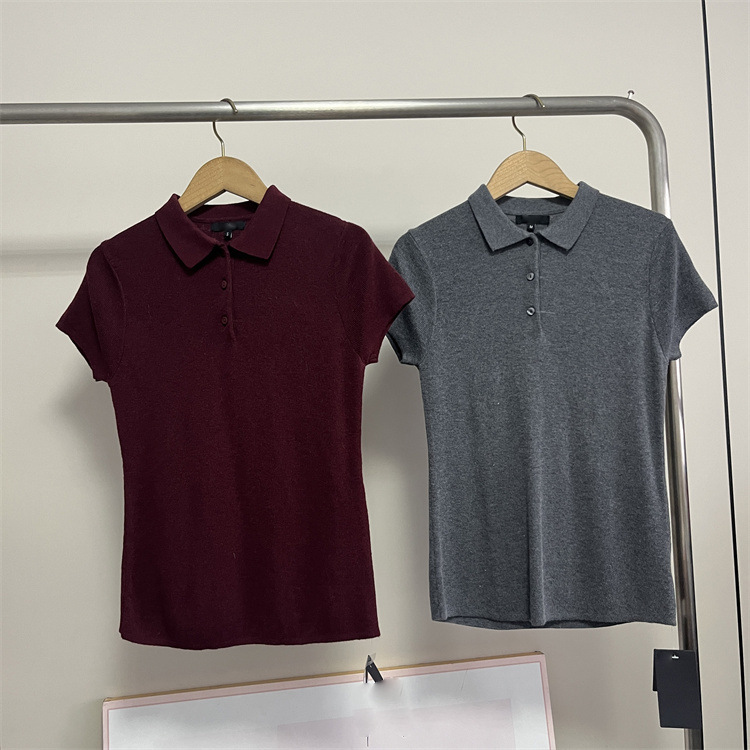 8905 Women's Summer New Simple Solid Color Slim-fit Slimming All-match Age-reducing Shoulder Polo Collar Short-sleeved Sweater