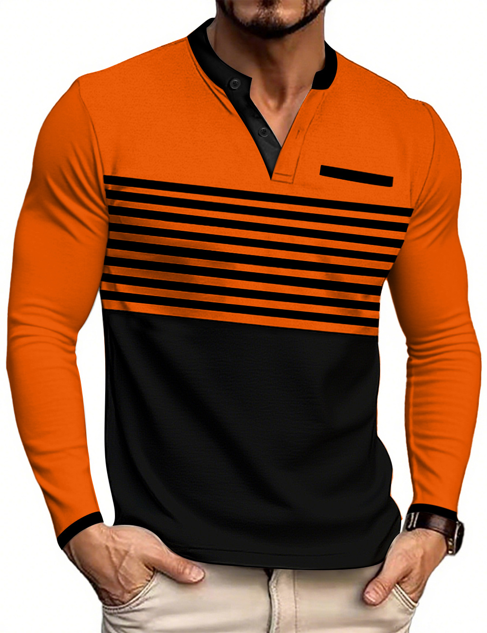Camiseta de manga larga con cuello en V y rayas en contraste, estilo europeo y americano, novedad de verano, para hombre, corte ajustado, informal de negocios, para comercio transfronterizo europeo y americano.