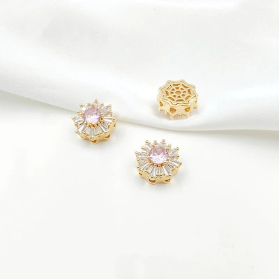 Copper Gold-Plated Micro-Paved Zircon Round Square Four-Leaf Flower Porous Spacer Beads Handmade Double-Row Pearl Bracelet Beading Material (Zərgərlik ara hissələri) - style-1-pink-zirconium-138mm-gold