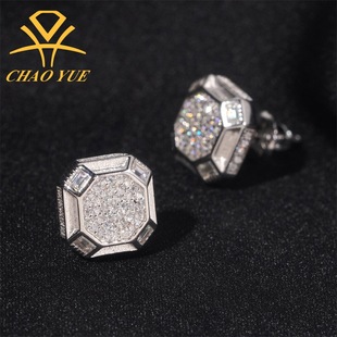 Cross-Border New Product S925 Silver Vvs Moissanite Trendy Earrings, Bold Square European and American Men's Nightclub Jewelry Direct Supply