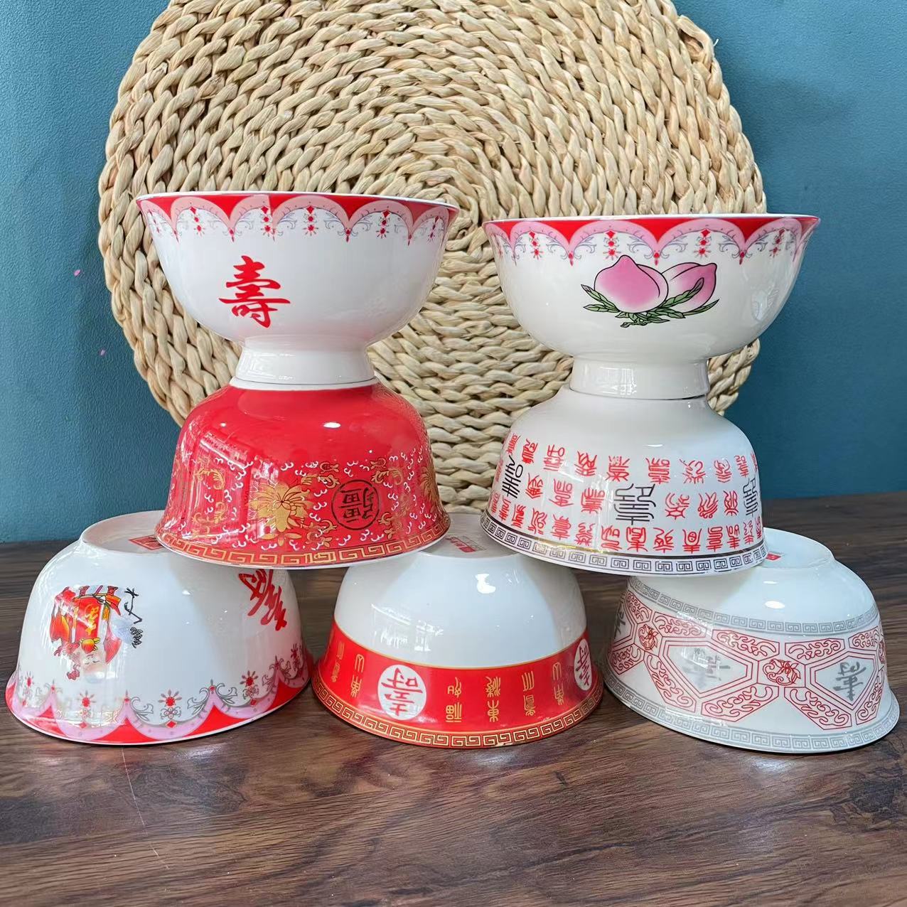 4.5寸陶瓷寿碗金钟 老人过寿生日陶瓷碗红白事回礼伴手礼寿碗批发