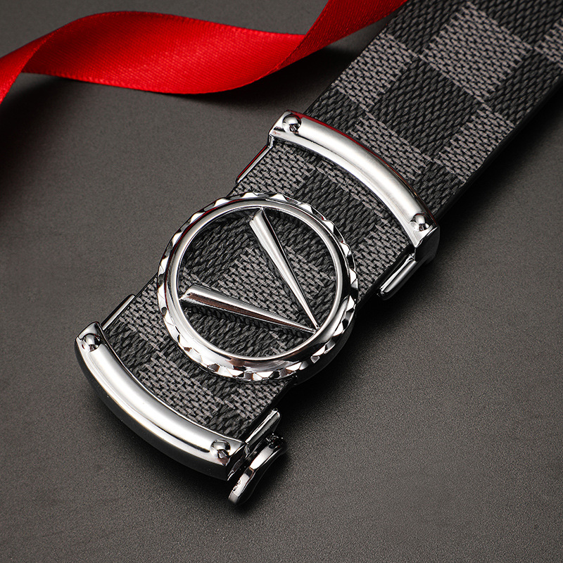 Pánský opasek z hovězí kůže s módním a minimalistickým designem, obchodní písmena z legované kůže, univerzální knoflíky, kostkovaný vzor_voghion.com