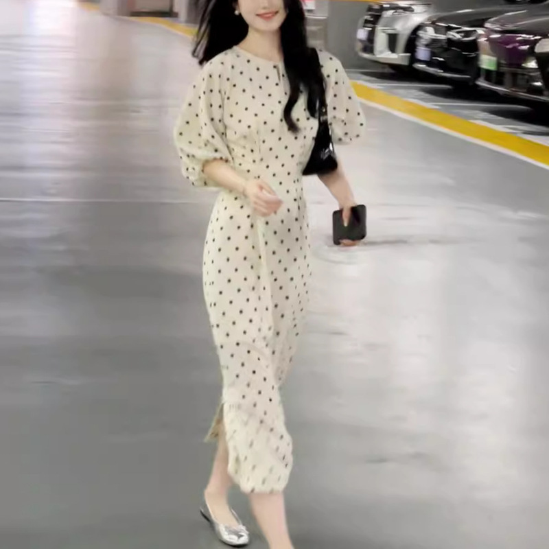 French Retro White Polka-Dot Waist Dress, Classy and Exquisite Elegant, A-Line Long Skirt, Seaside Vacation Beach Skirt