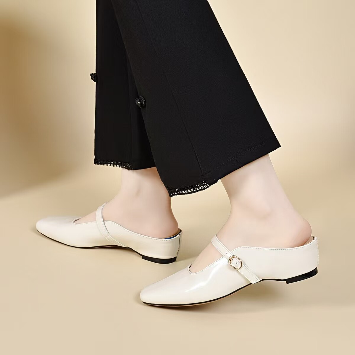 Dép sandal nữ da thật đầu vuông, mũi kín, tăng chiều cao bên trong — màu đen chi tiết 7