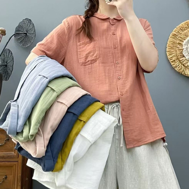 2025 Double-Layer Cotton Yarn Three-Quarter Sleeve Shirt for Women Summer Skin-Friendly Baby Cotton Breathable Sweat-Absorbent Pure Cotton Pointed Collar Shirt