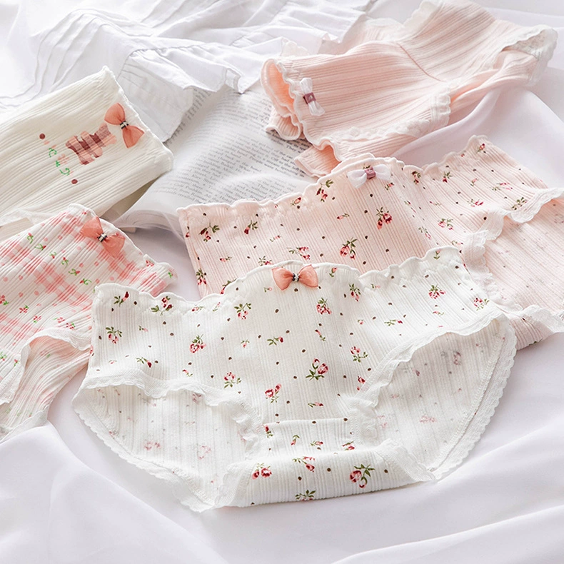 Cotton mid‑rise panties, retro floral print, cute fresh style, sizes M–XL