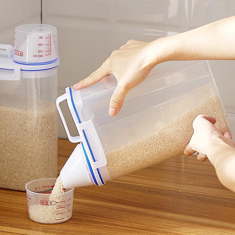Taza medidora de grado alimenticio con asa, almacenamiento de granos, tanque de granos diversos, caja de almacenamiento de productos secos de cocina, frasco sellado de plástico para el hogar