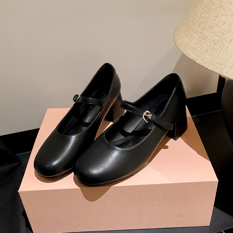 Uva mamá Nuevo estilo coreano elegante hermana ~ punta redonda correa de boca baja de cercanías adelgazante tacón grueso Mary Jane zapatos de una sola capa