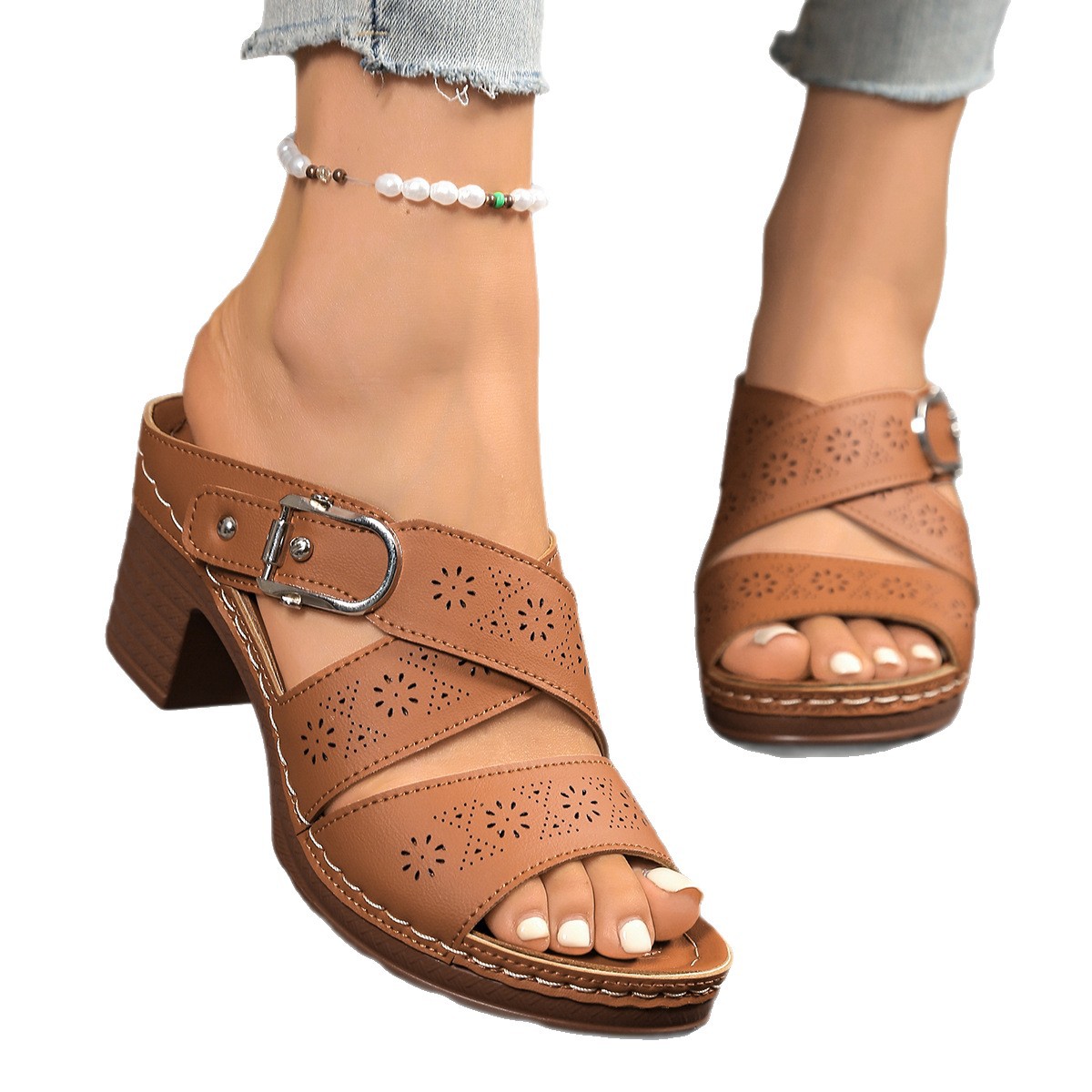 European And American Hollow Thick Roman Sandals 2025 Summer New Style One Strap Cross-Border Trade Large Size High Heel_vogvips.com