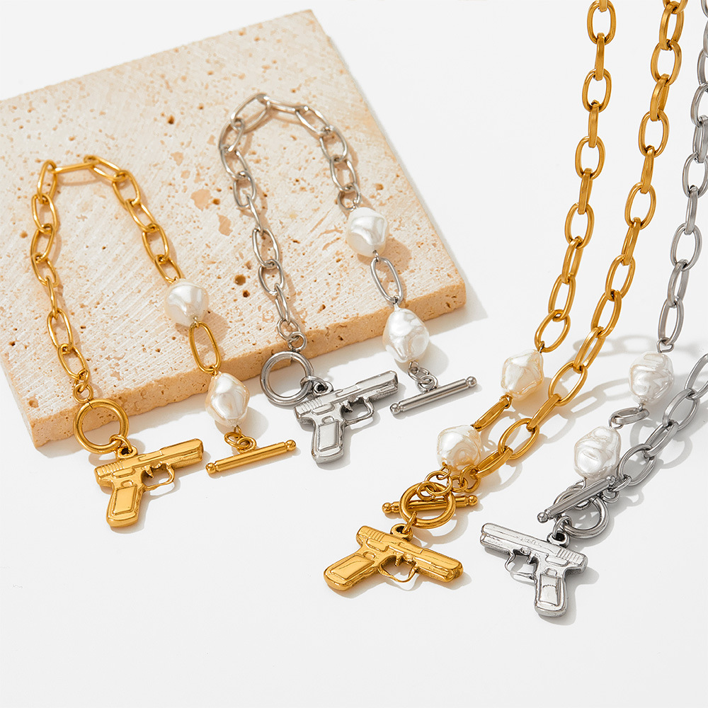 Baroque Style Pistol Stainless Steel Pearl Plating Bracelets Necklace 1 Piece