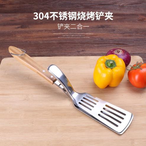 In stock barbecue tools multi-function barbecue shovel stainless steel bamboo handle frying shovel barbecue shovel clip two-in-one tool