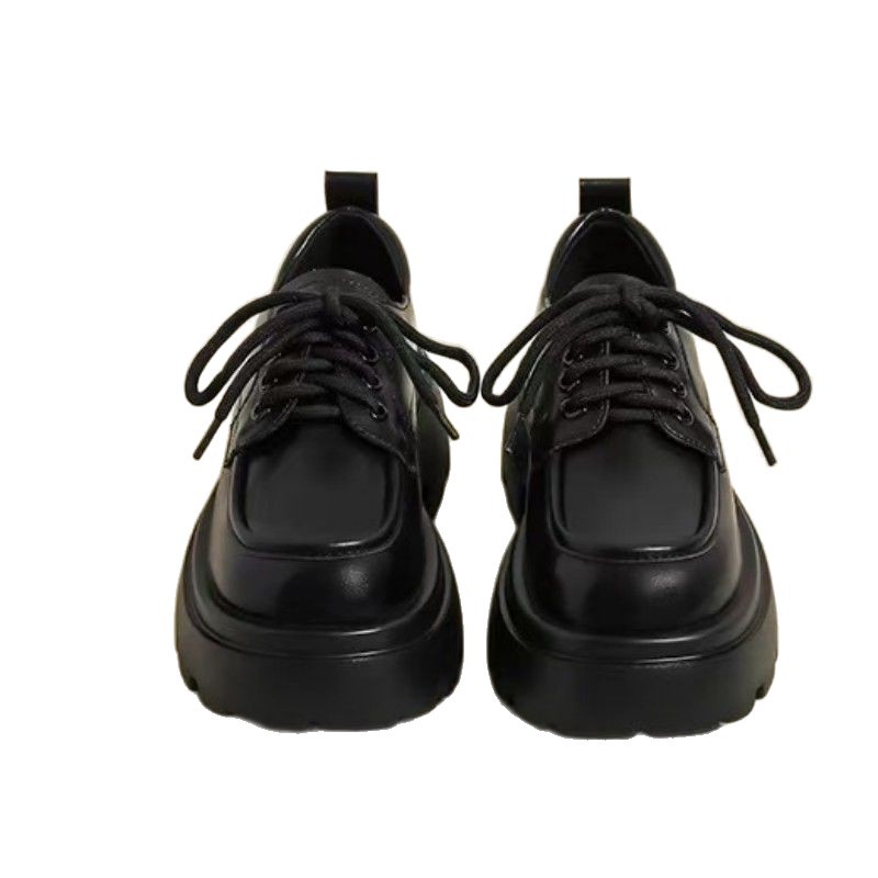 Zapatos de cuero de estilo británico para mujeres 2025 invierno nuevo tipo de cordón de suela gruesa muffin de suela suave retro versátil Lefour zapatos únicos