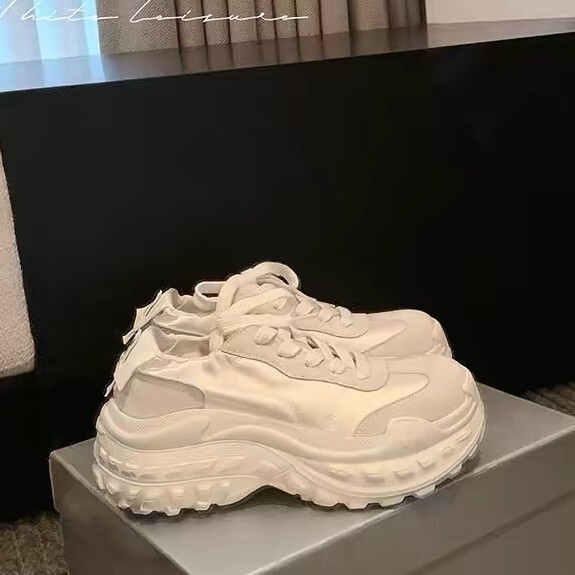 Cowhide Version~Cloud-Like Tire Sole 8cm Thick Sole Height-Increasing Casual Sports White Sneakers with Front Laces and Color-Blocking Dad Shoes for Women