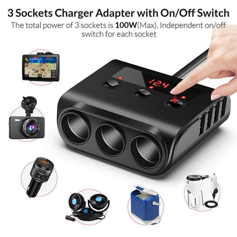 120W car cigarette lighter one to three with switch voltage display 4USB car cigarette lighter charging one point three