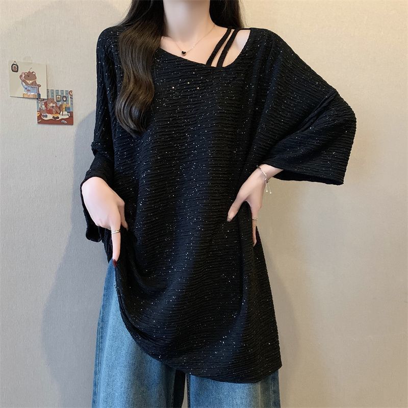 Camiseta de manga corta irregular de textura brillante de gran tamaño para mujer 2024 verano nuevo estilo suelto y delgado top de mm image 8