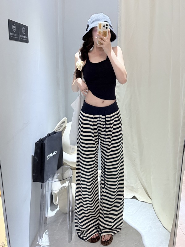 藏青条纹阔腿裤女2025秋季新款高腰垂感宽松显瘦百搭休闲拖地长裤|undefined