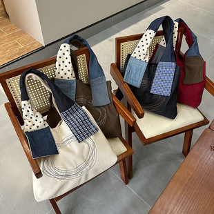 Literary Retro Niche New Canvas Bag Shoulder Commuting Large Capacity Shopping Bag Fashionable Denim Handheld Tote Bag