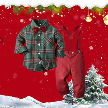 欧美男童格子长袖礼服衬衫绅士背带两件套跨境儿童圣诞服套装kids