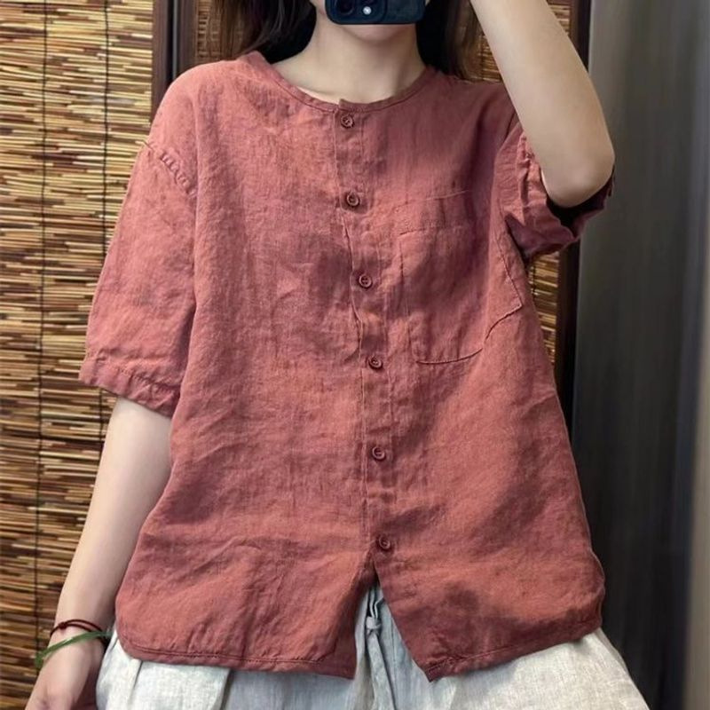 2025 Cotton Linen Short-sleeved Round Neck Shirt Women's Summer New Retro Artistic Loose All-match Age-reducing Cardigan Top