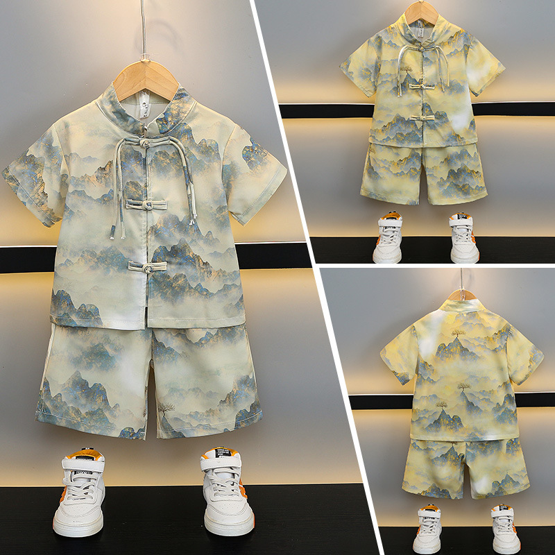 5005 nuevo traje de manga corta de verano para niños de estilo chino delgado 2025 nueva ropa para niños estilo de verano para bebés ropa de estilo nacional