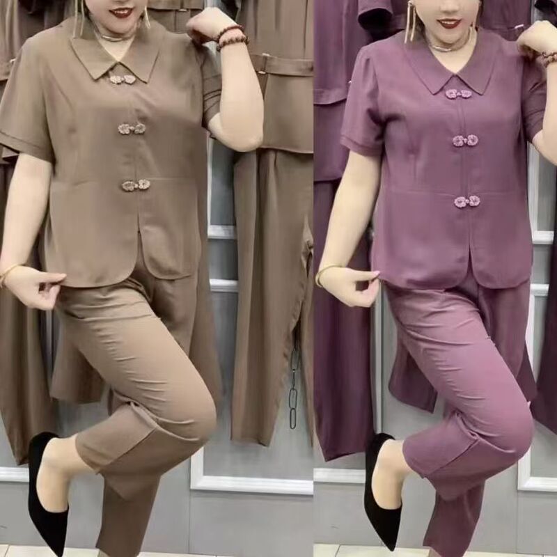 Spring and Summer New Casual Suit for Women, Buckle Square Collar Splicing Top, Elastic Waist Wide Leg Pants, Elegant and Age-Reducing Two-Piece Set