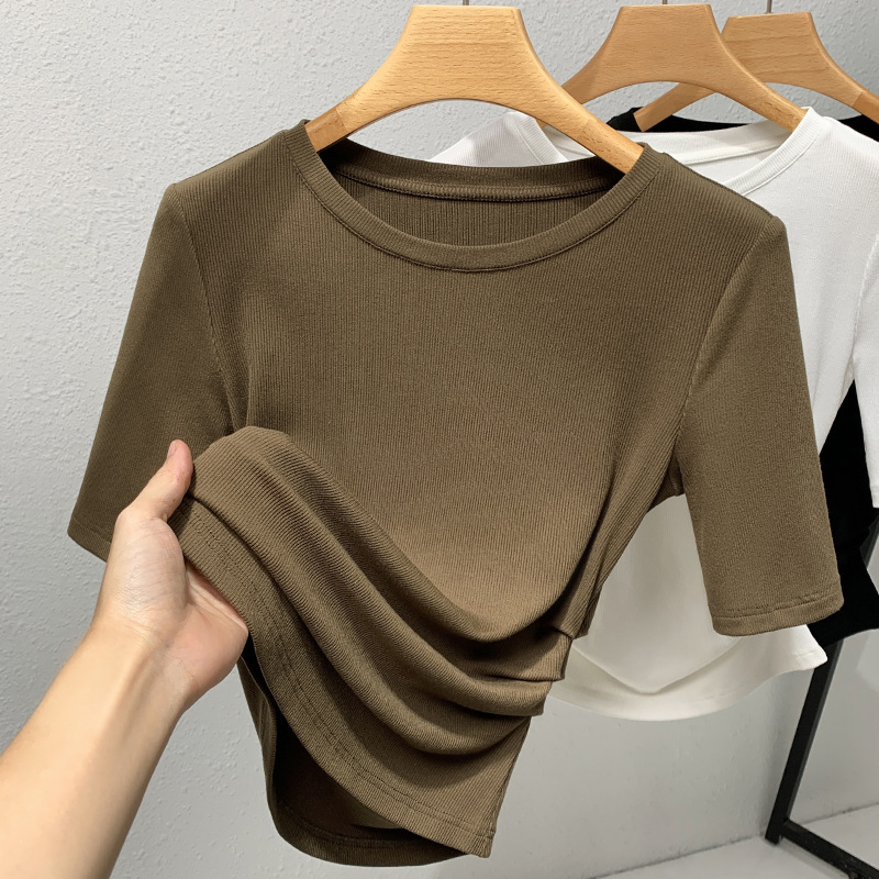 Camiseta de manga media para mujer 2023 nuevas mujeres de color sólido cuello redondo hilo media manga camiseta plisada cintura stretch top image 8