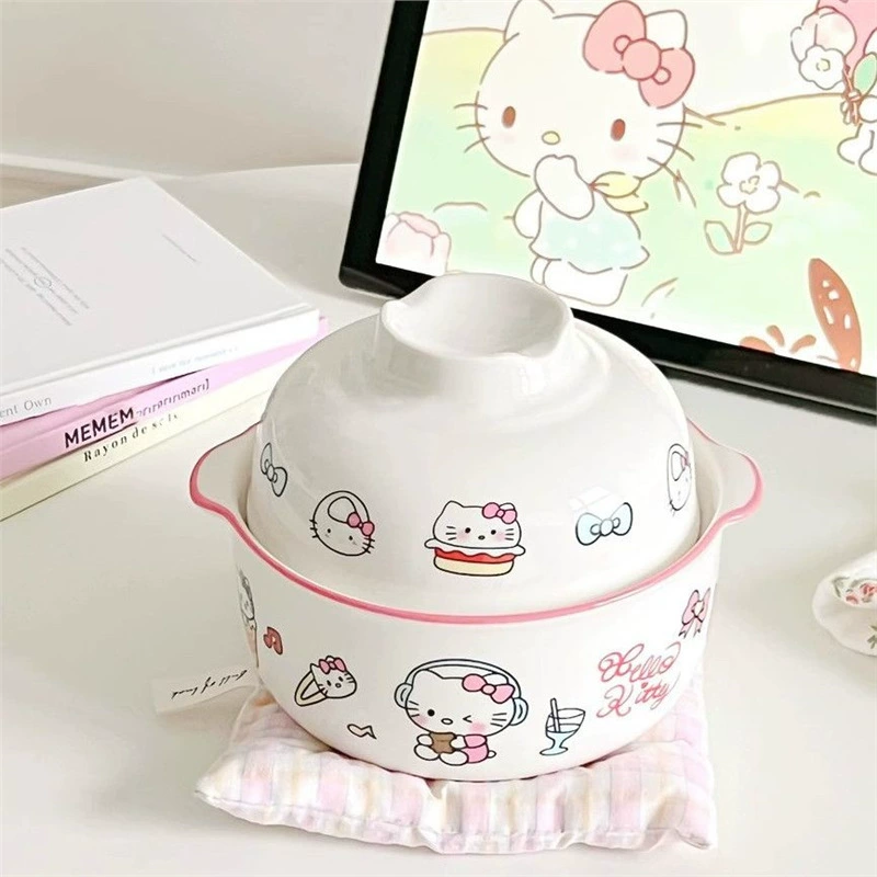 Hellokitty, милая мультяшная керамическая миска для лапши быстрого приготовления с двумя ушками и крышкой, студенческая столовая, рисовая миска, миска для супа, посуда