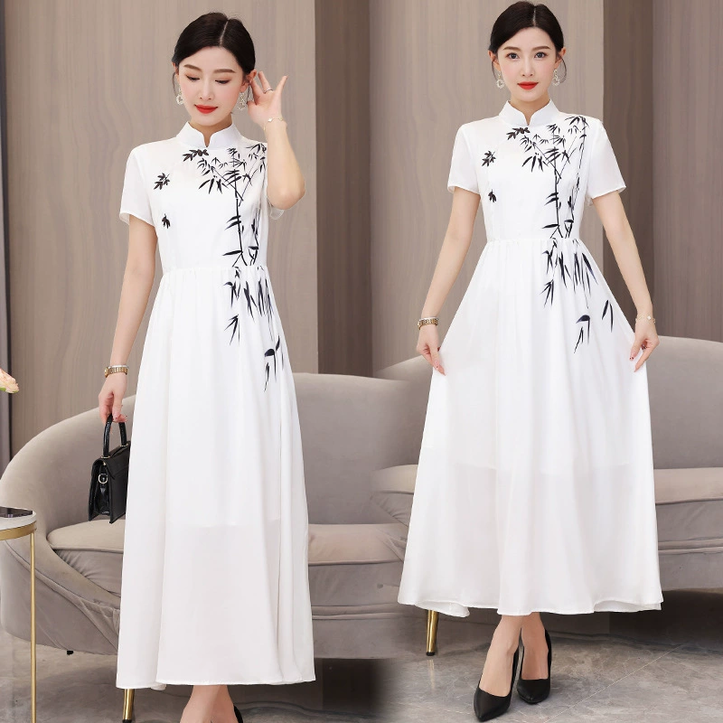9108 Весенний Гала-фестиваль того же белого платья с чернилами и бамбуком с принтом cheongsam платье длинное платье женский 2025 летняя новая модель