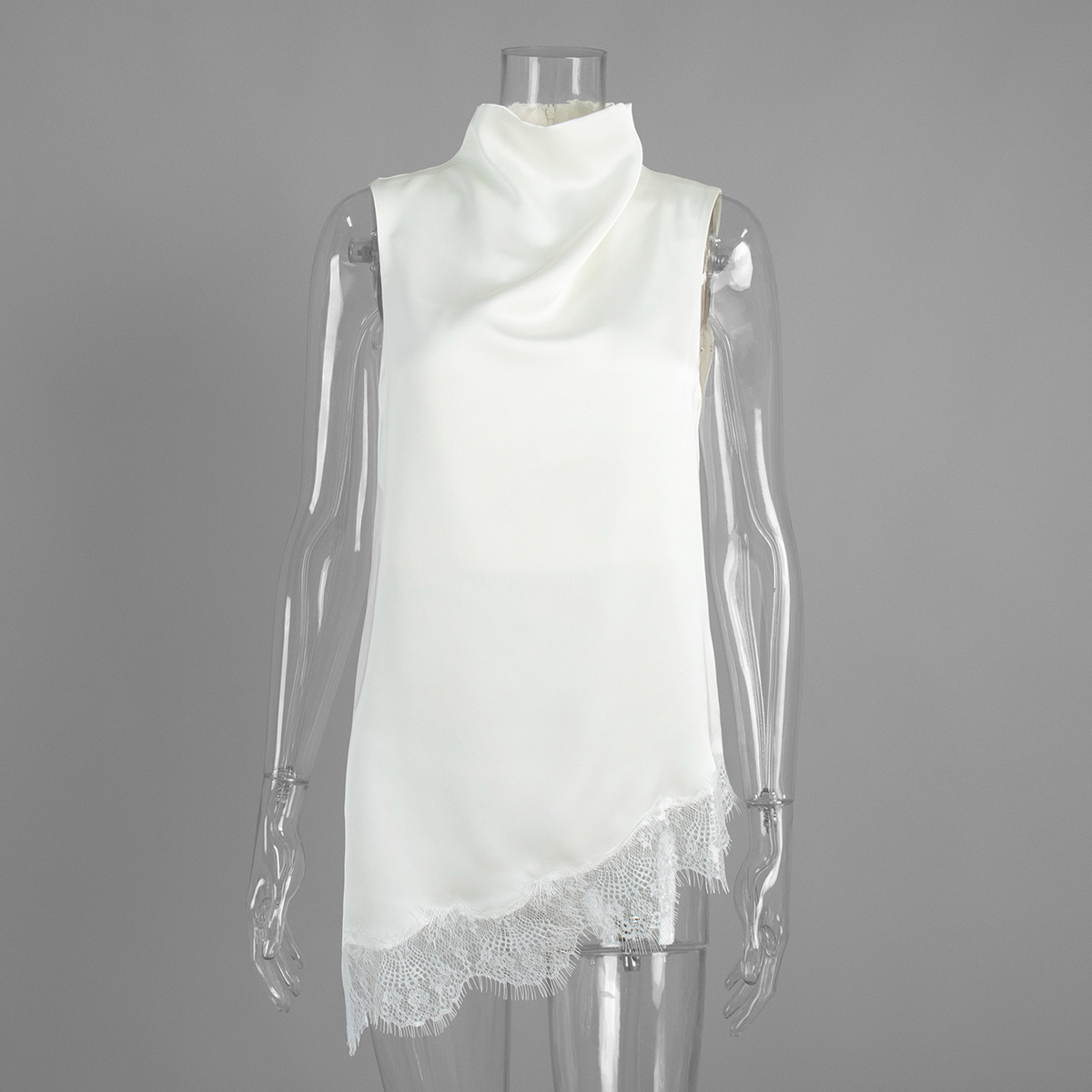 Ärmelloses Satin-top Mit Rollkragen Und Spitzenbesatz Für Damen_voghion.com