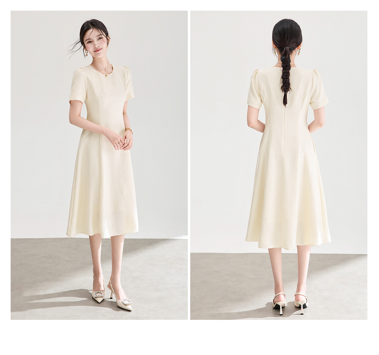 Đầm chữ A nữ cao eo họa tiết jacquard nơ — màu hồng chi tiết 20