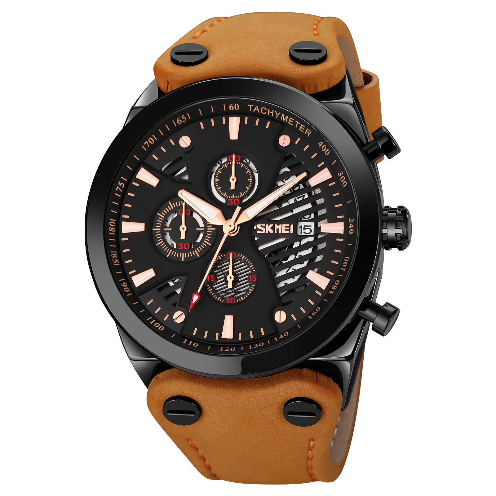 Momentos de moda retro hombres cronógrafo de cuarzo correa de cuero esfera hueca calendario reloj de pulsera de negocios transfronterizos relojes de hombre