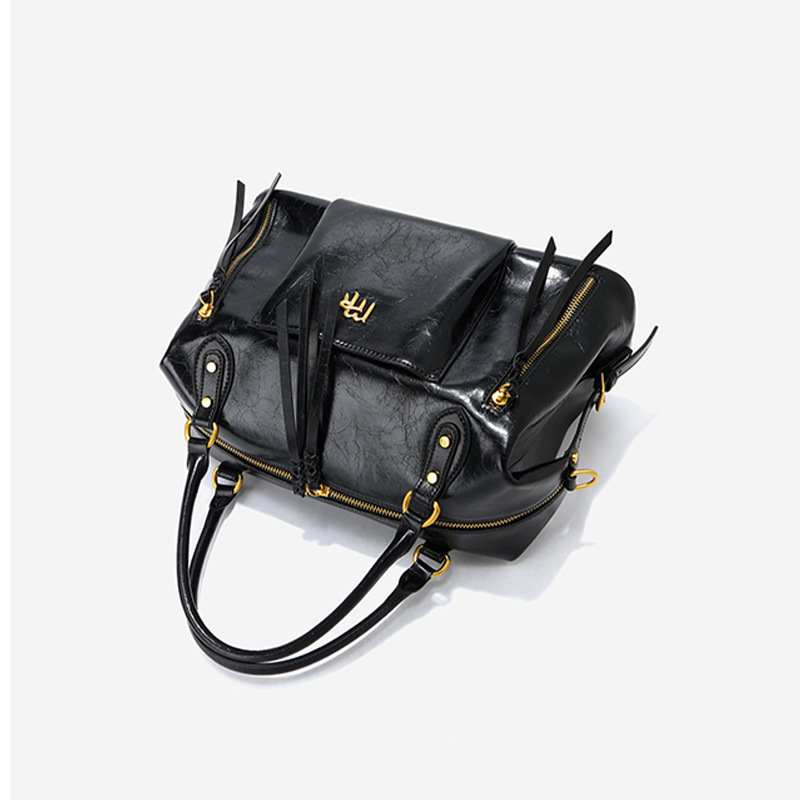 Genuine Leather Boston Bag Motorcycle Style Cowhide Bowling Bag Women's Large Capacity Tote Commuter Handbag Pillow Bag - Thumbnail 3