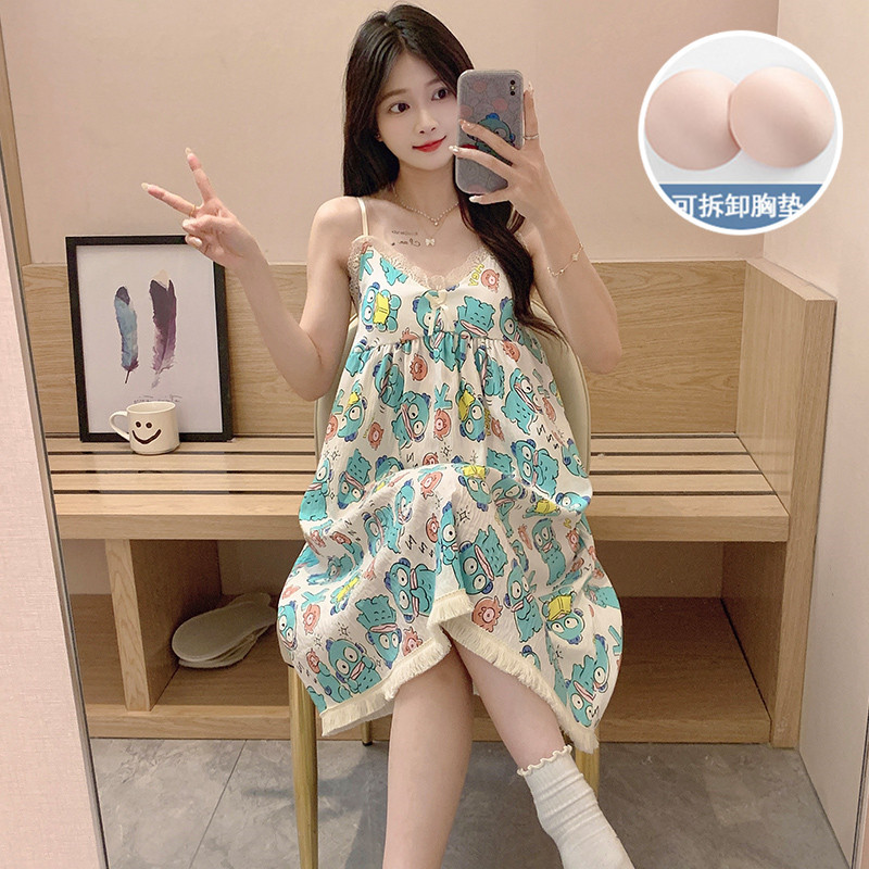 Verano damas de cabina larga pijama mujer cojín de pecho ropa de casa ropa de casa nubes de algodón dulce pijama de viento casual