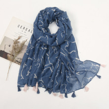蓝色带大理石纹印花棉麻手感围巾女时尚长款旅游防晒纱巾轻薄透气