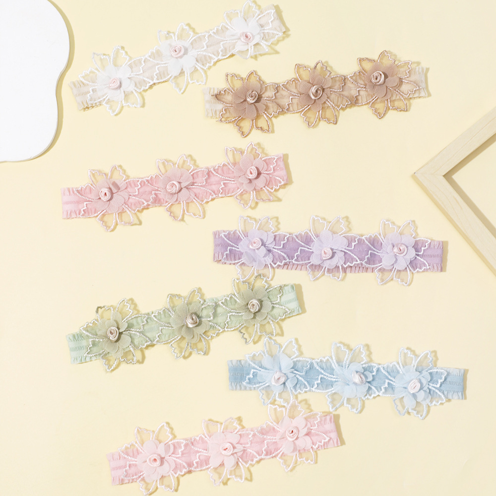 Europa e Stati Uniti transfrontalieri nuovi accessori per capelli per bambini tinta unita pizzo per bambini tre piccoli fiori fascia per capelli fascia elastica per bambini_voghion.com
