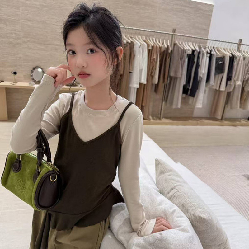 织里童装韩版时尚洋气网红秋季女童长袖纯色针织假两件打底衫外搭