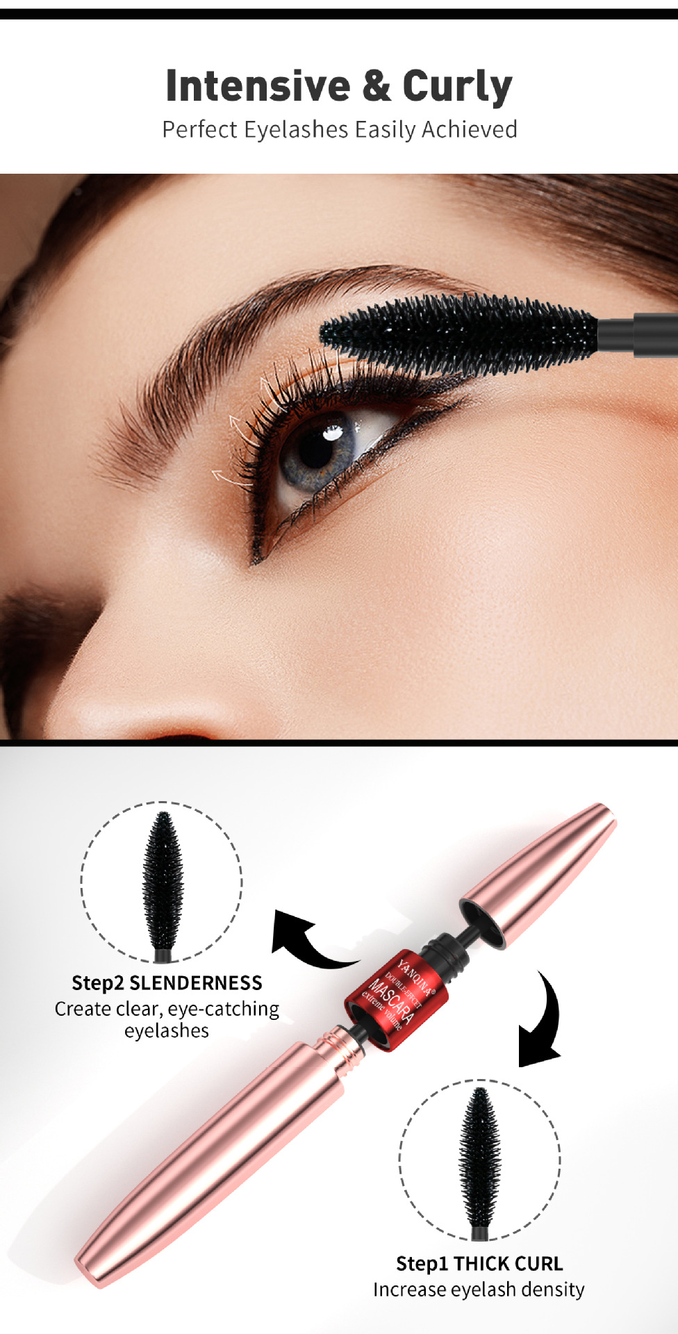 YANQINA's Long and Thick Dual-effect Mascara is waterproof and non-smudge, naturally curling double-head mascara undefined