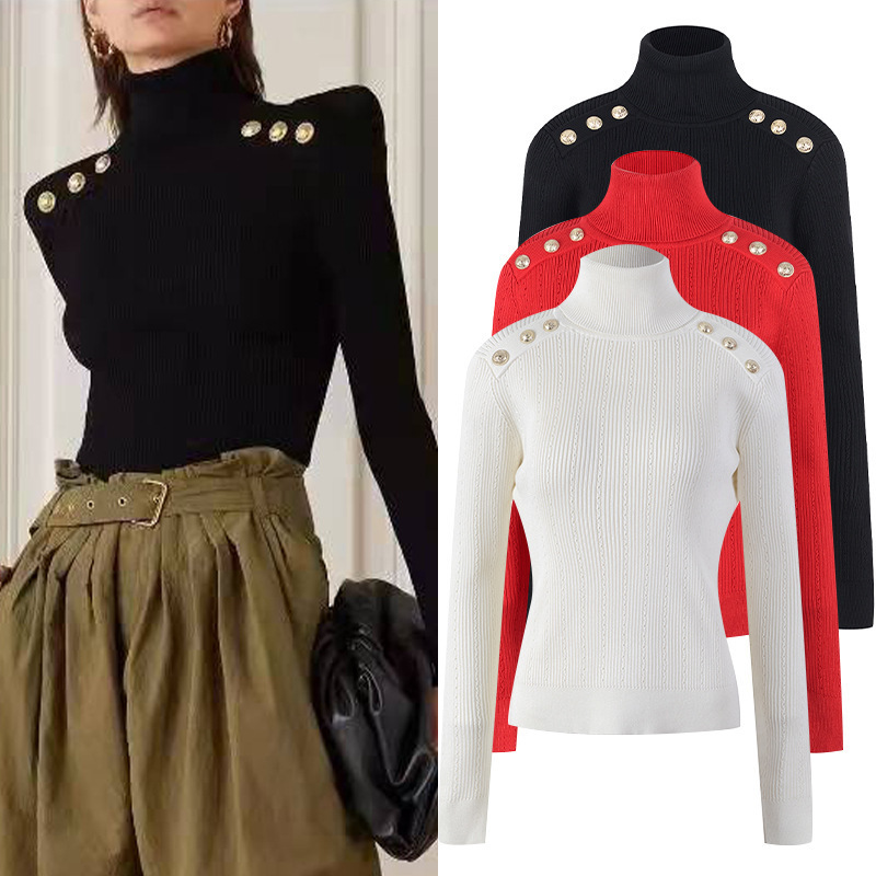 2025 Autumn/Winter New High-Neck Gold Button Knitted Sweater Women's Slim-Fit Long-Sleeve Solid Color Trendy Base Layer 2025 Autumn/Winter New High-Neck Gold Button Knitted Sweater Women's Slim-Fit Long-Sleeve Solid Color Trendy Base Layer