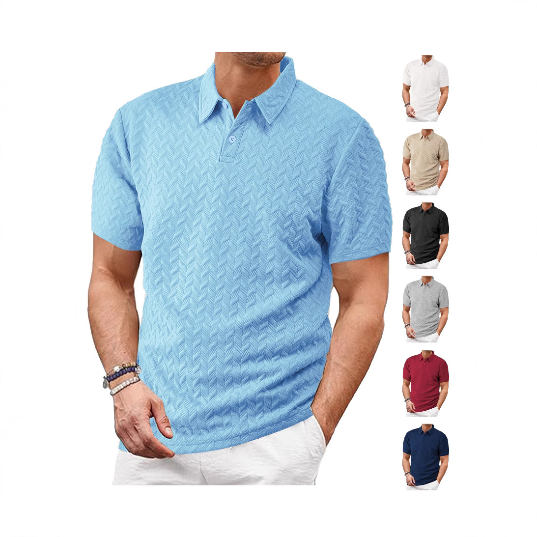 Ropa de hombre transfronteriza Europa y América Verano fino transpirable transpirable suelta casual color sólido jacquard camisa polo de manga corta para hombre