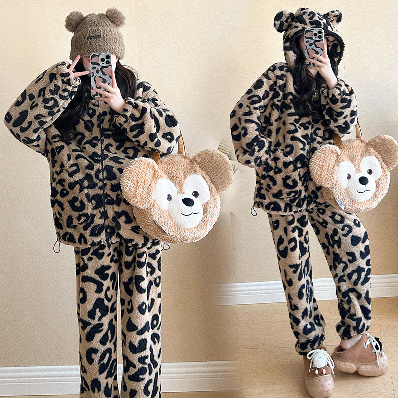 임산부 겨울 파자마 플러스 벨벳 두꺼운 레오파드 프린트 홈 의류 가을 겨울 따뜻함 조절 가능한 투피스 아우터 웨어 슈트