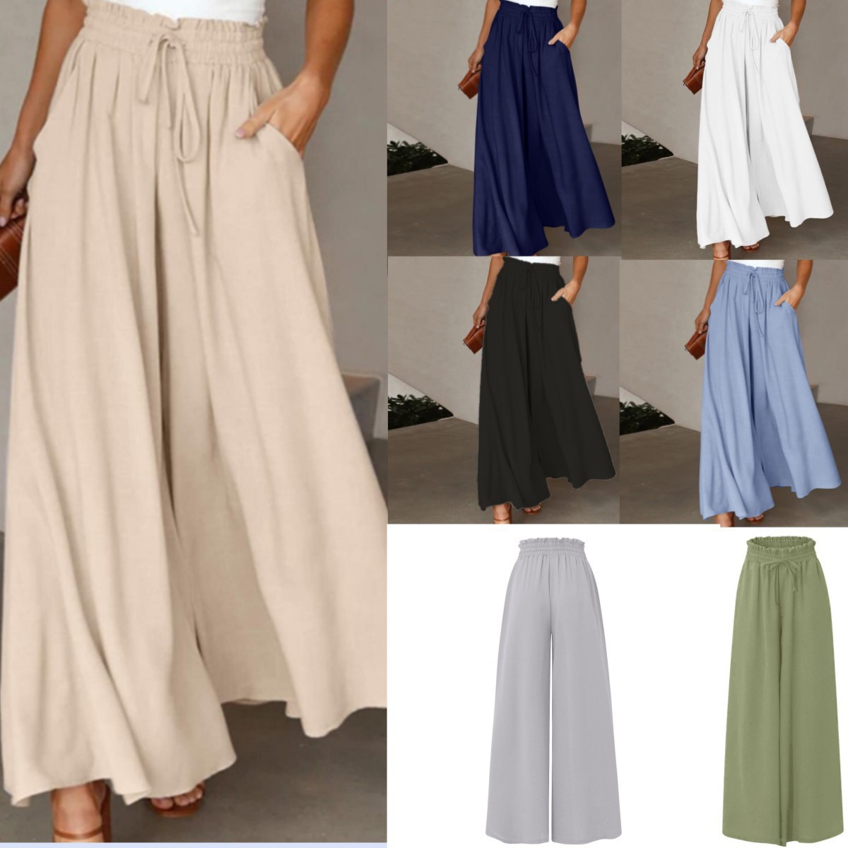 European and American Cross-Border Summer New Women's Wide-Leg Trousers Elastic Waistband Wide-Leg High-Waisted Long Culottes for Women in Stock
