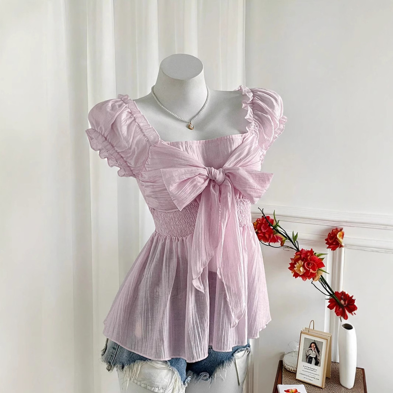 Summer Sweet and Fresh Bow Tie Pleated Ruffle Camisole French Square Waist T-Shirt Summer Sweet and Fresh Bow Tie Pleated Ruffle Camisole French Square Waist T-Shirt