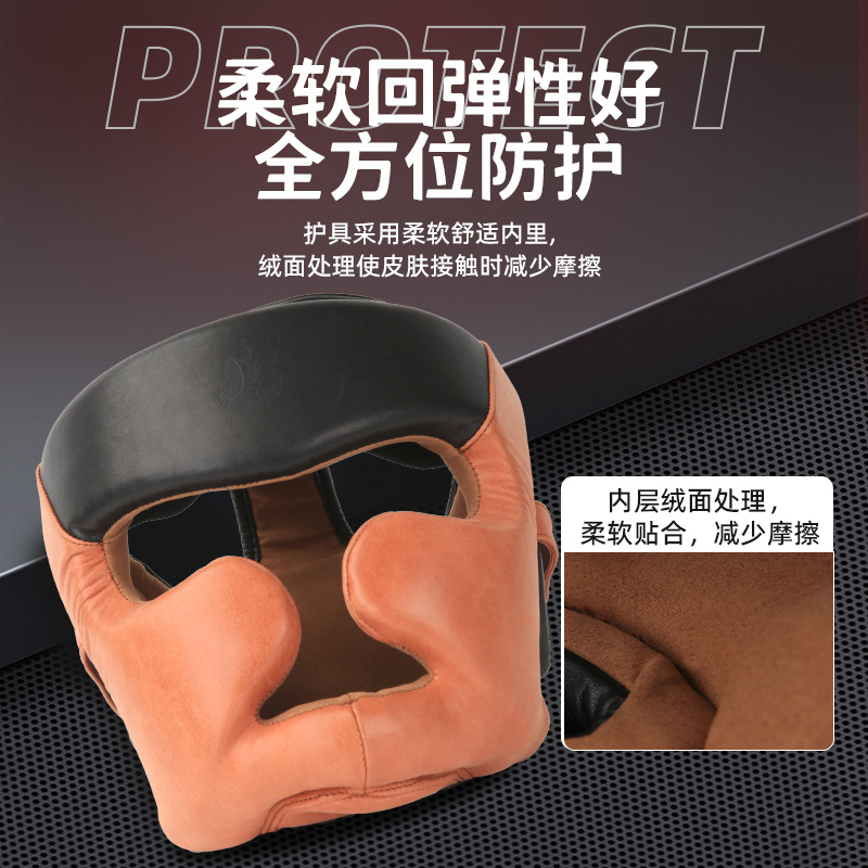 Kangrui boxeo cabeza protector piel de vaca impresión hecha a mano y teñido vintage Sparta cabeza protector Sanda lucha cabeza protector