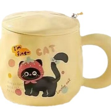 かわいいミルクFUFU黒猫マグカップ蓋付きスプーンで女の子に誕生日プレゼント高颜値プレゼントカップオフィス朝|undefined